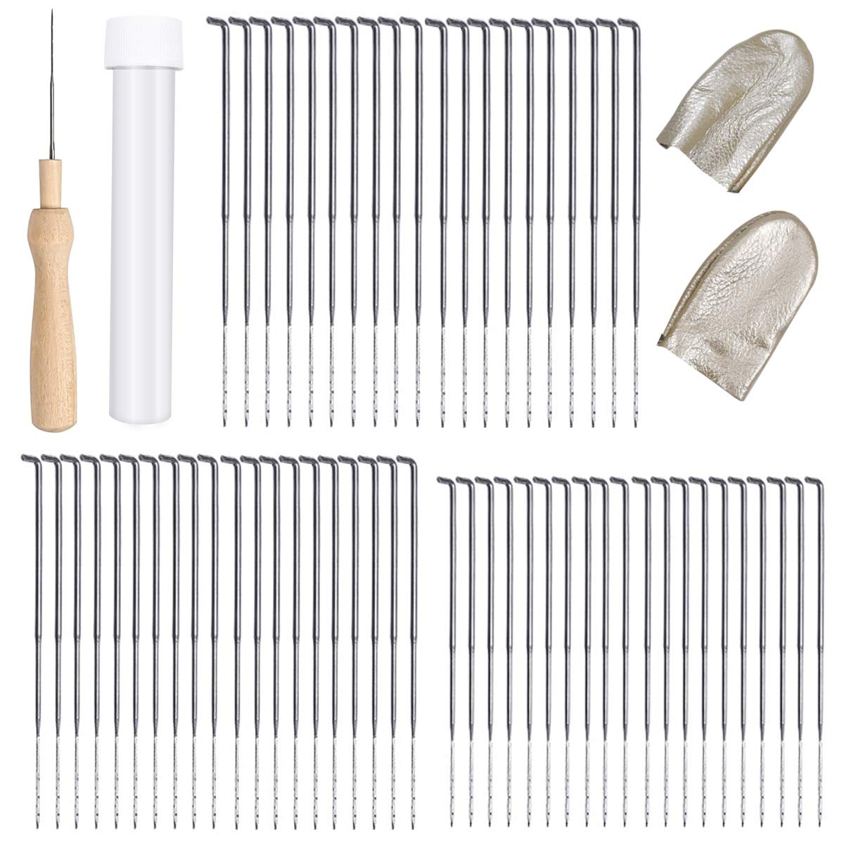 Kit Aghi Per Feltro 60 Pezzi - 3 Dimensioni (79, 86, 91 Mm) Con Manico In Legno E Ditale - Per Lana Cardata E Infeltrimento