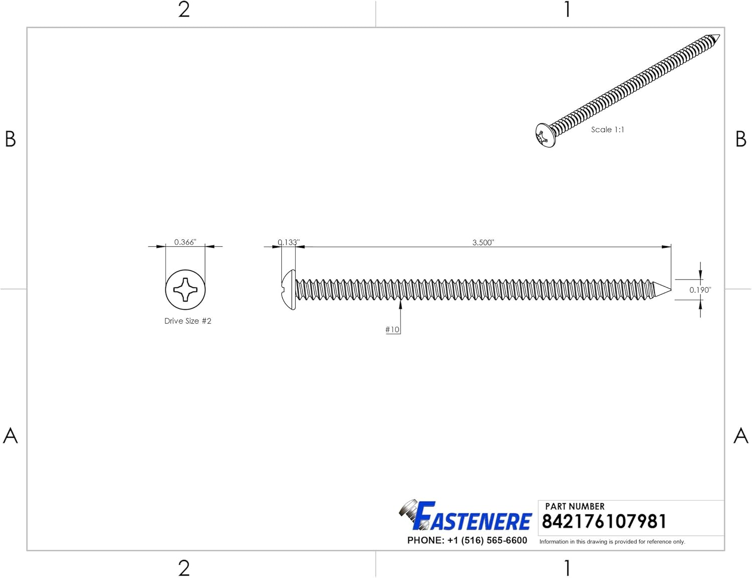 #10 x 3-1/2" Pan Head Sheet Metal Screws, Stainless Steel 18-8, Full Thread, Bright Finish, Self-Tapping, Quantity 100 by Fastenere