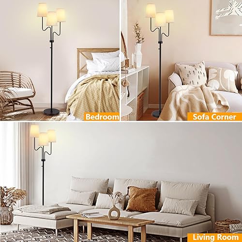Miniatura 7 de 9MMML Lámpara de pie regulable de granja, lámpara de pie rústica de 3 luces con pantalla de tela, lámpara de pie de 68 pulgadas de alto para sala de