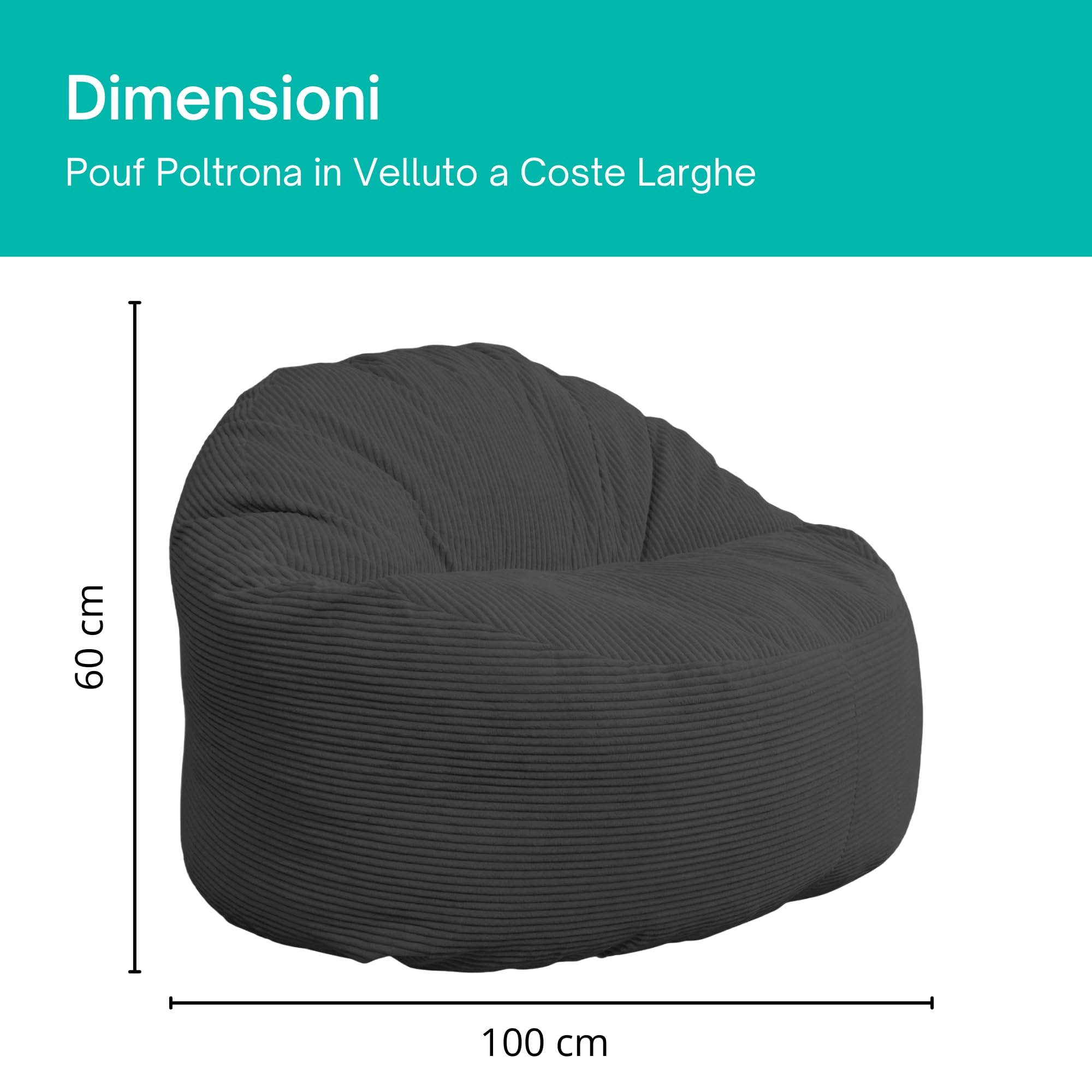 bananair - Pouf Poltrona Sacco in Velluto a Coste Larghe - Morbido e Confortevole - Imbottitura in Schiuma, Ottimo Supporto per la Schiena - Pouf Divano Gigante (100 cm, Grigio Scuro)