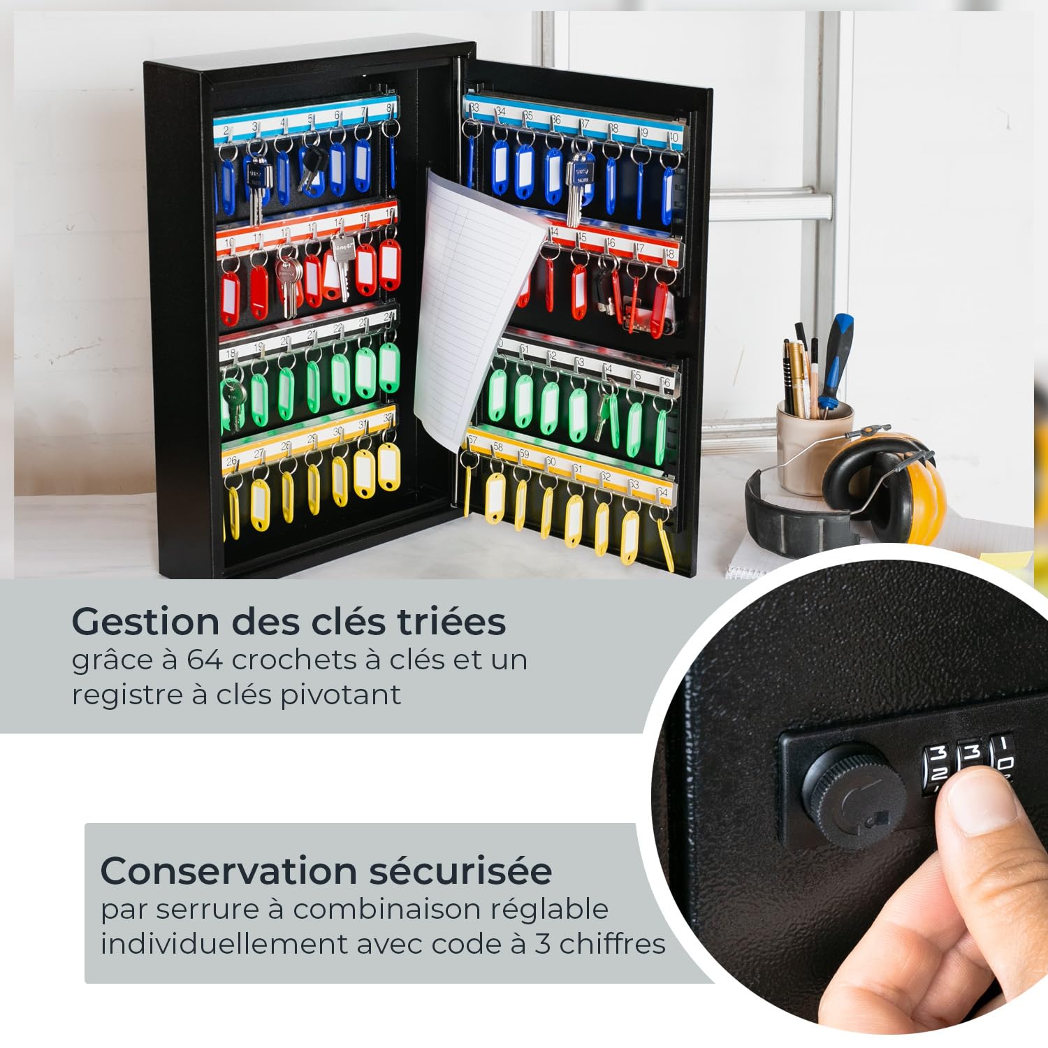 HMF 13664-02 Armoire à clés avec Code chiffré, Grande boîte à clés | 64 Crochets | 45 x 30 x 8 cm | Noir