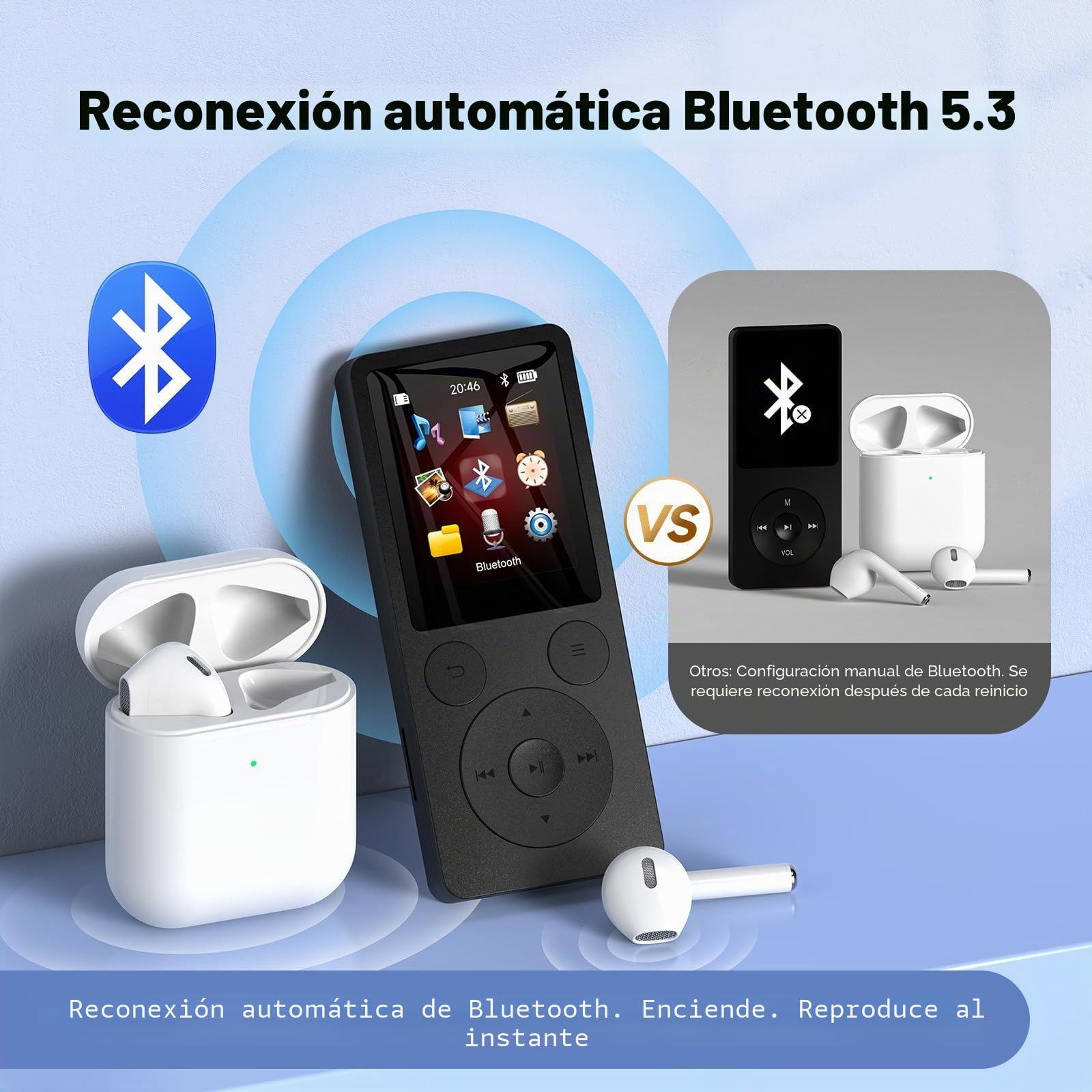 64GB Reproductor MP3 con Bluetooth 5.3 y Altavoz – Actualización con Teclas Físicas (Retroceso, Menú, Volumen), Solo 37g con Auriculares, Radio FM, Grabadora de Voz, Diseño Mini, Ampliable hasta 128G