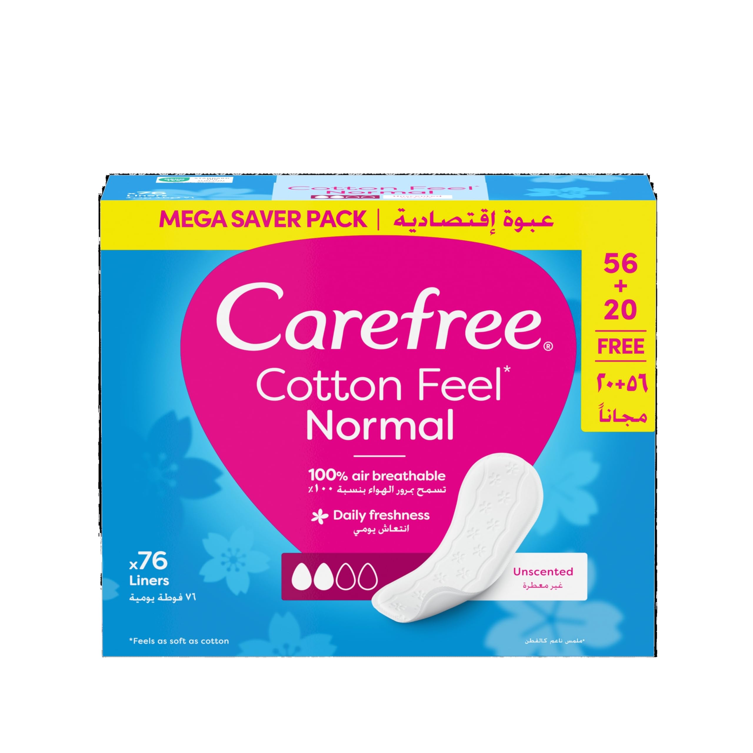 Carefree Cotton Feel Unscented Pantyliners (Pack of 76), Breathable and Comfortable Liners for Everyday Use, Ideal for Light Protection and Hygiene