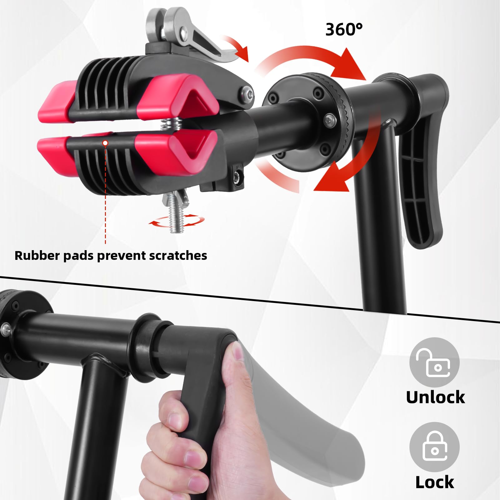 Regolabile Altezza Cavalletto Bici Manutenzione, Massima 50kg,360° Braccio | Pieghevole Cavalletto Manutenzione Bici con Vassoio Portautensili Magnetico e Barra Stabilizzatrice