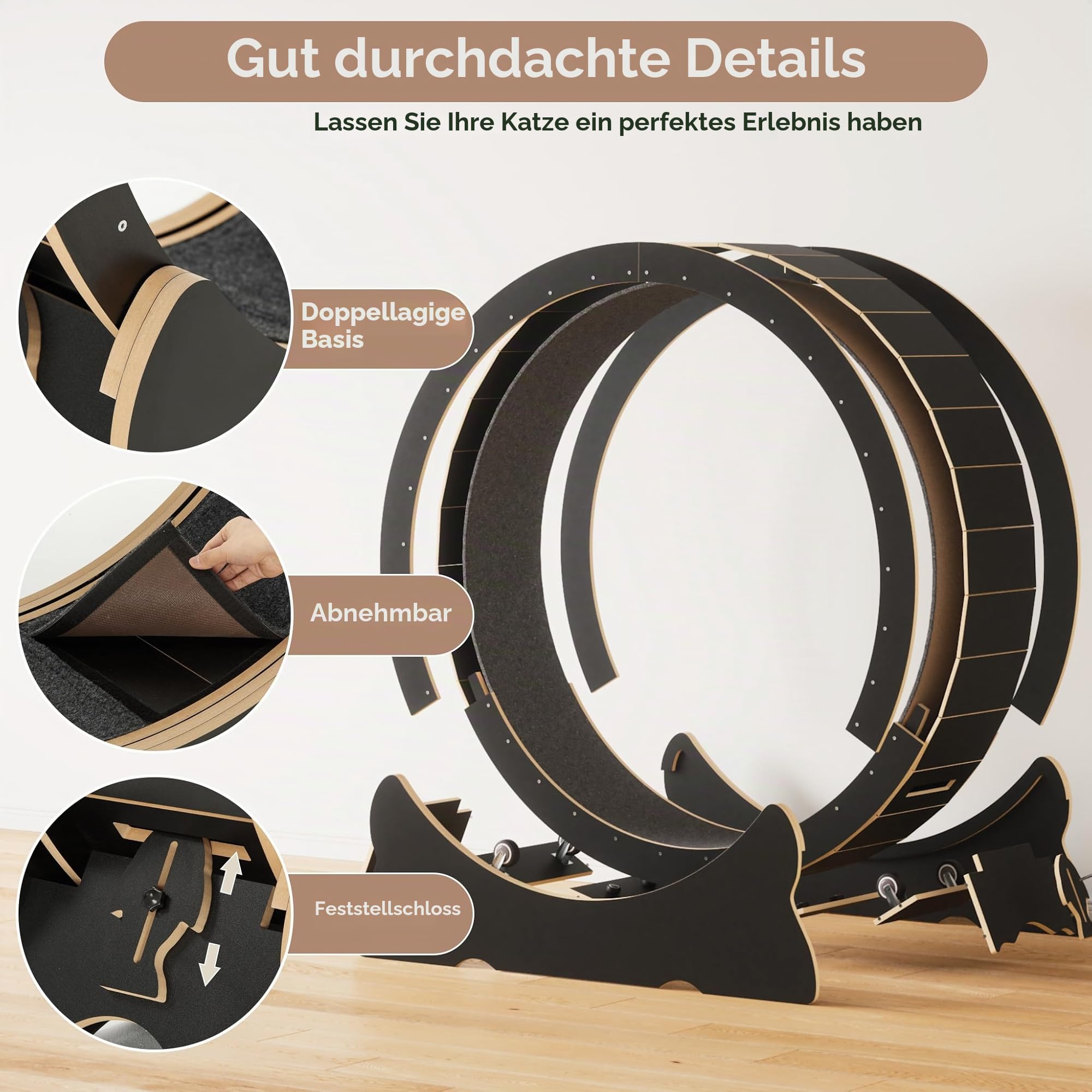 Mondeer Katzenlaufrad Indoor aus Holz, 110 cm, mit Teppich, Schwarz | Abnehmbarer Teppich, leicht reinigbar. Fördert Bewegung und Energieverbrauch, geeignet für aktive, verspielte Katzen.