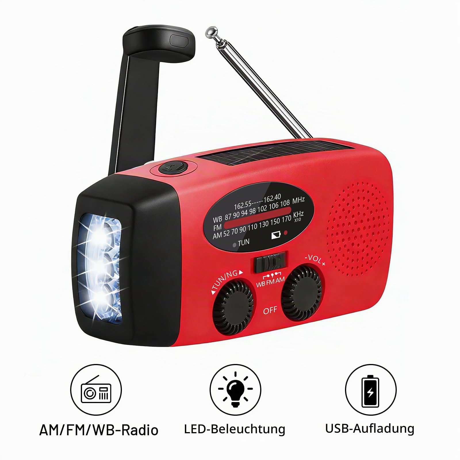Notfall-Wind-Up-Radio mit wiederaufladbarem USB-Ladegerät/3-LED-Taschenlampe/AM/FM/Wetter/tragbares Solar-Handkurbelradio Haushalt und Outdoor-Camping, Wandern, Reisen