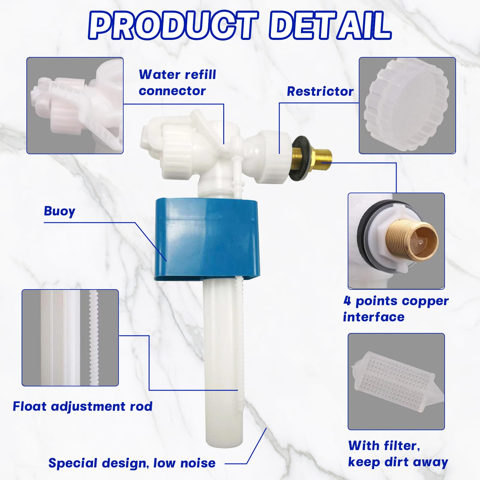 Universal Toilet Fill Valve, Toilet Filling Valve G3/8" and G1/2", Fuel Tank Valve, Adjustable Drain Water Quantity, Effective - Image 3