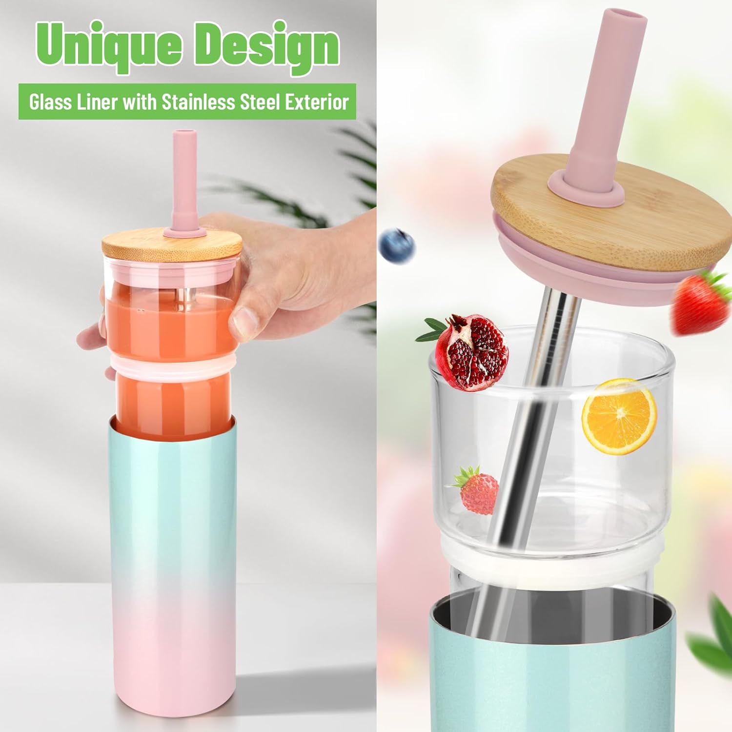 Tronco 20 oz Vacuum Insulated Glass Tumbler with Lid and Straw - Keeps Drinks Cold for 12 Hrs - Reusable Glass Cup for Iced Coffee, Smoothies & Boba - Sweat & BPA Free, Dishwasher Safe, Fit Car Holder - Image 2