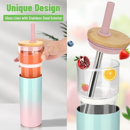 Miniatura 2 de Tronco Vaso de vidrio aislado al vacío de 20 onzas con tapa y pajilla, mantiene las bebidas frías durante 12 horas, vaso de vidrio reutilizable para