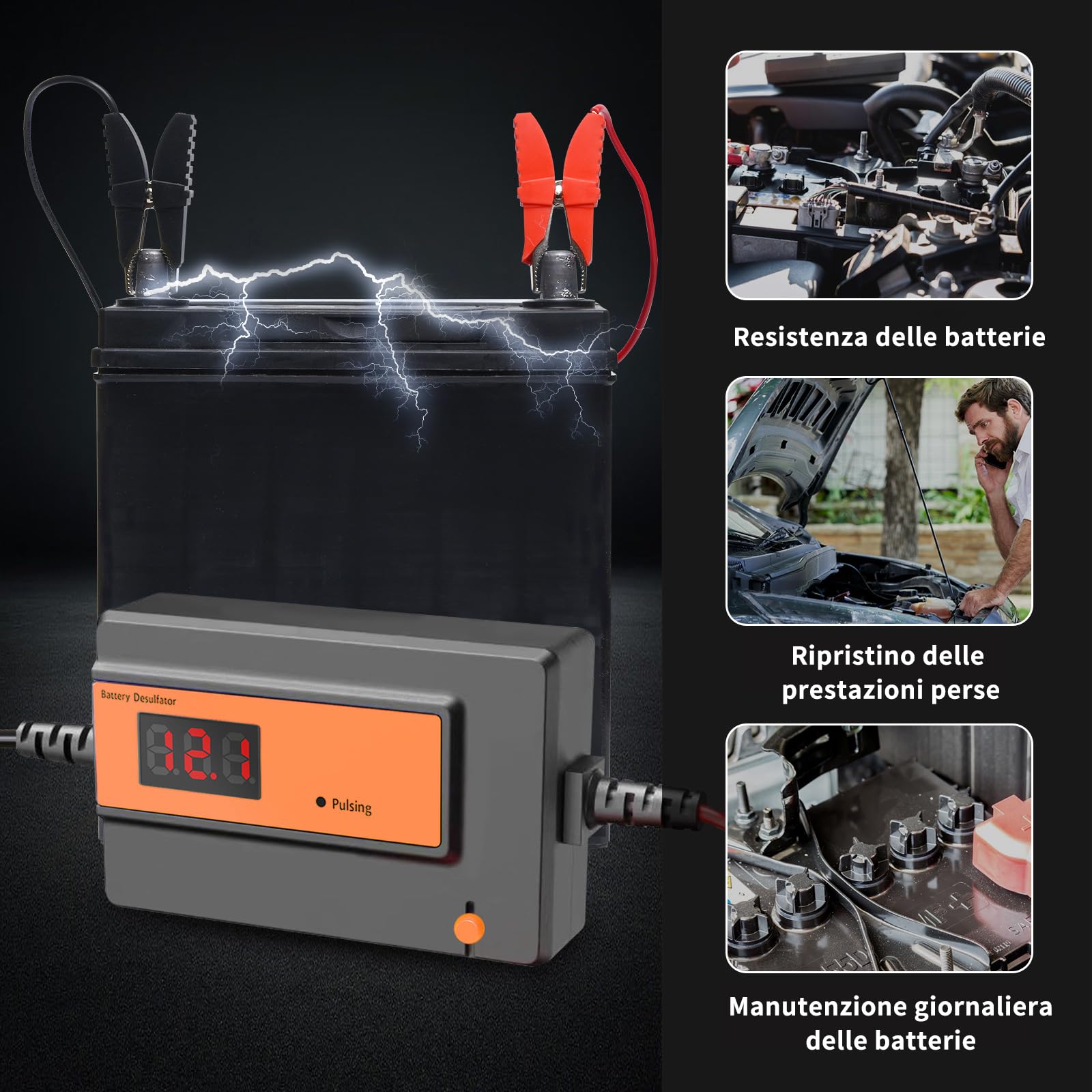 Desolfatore Automatico per Batterie al Piombo-Acido GEL, AGM, SLA, 12-48V,400AH, con Clip Grandi, per Auto, Camion, Moto, ATV, Barche, Pannello Solare (arancione)