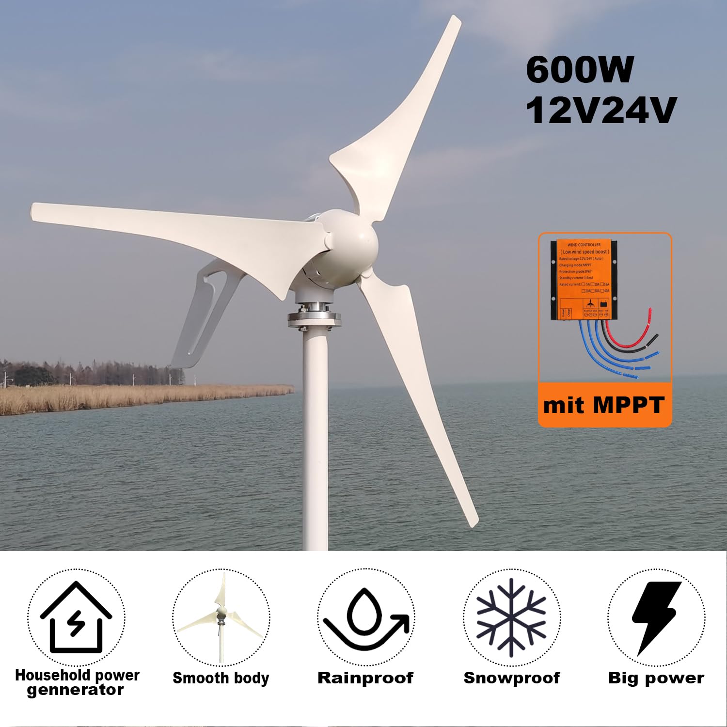 600 W Aerogenerador 24 V 12 V Aerogenerador Generador Aerogenerador 3 Palas con Controlador de Carga MPPT Bajo nivel de ruido Generador de viento para el hogar para el hogar y la granja (24, Voltios)