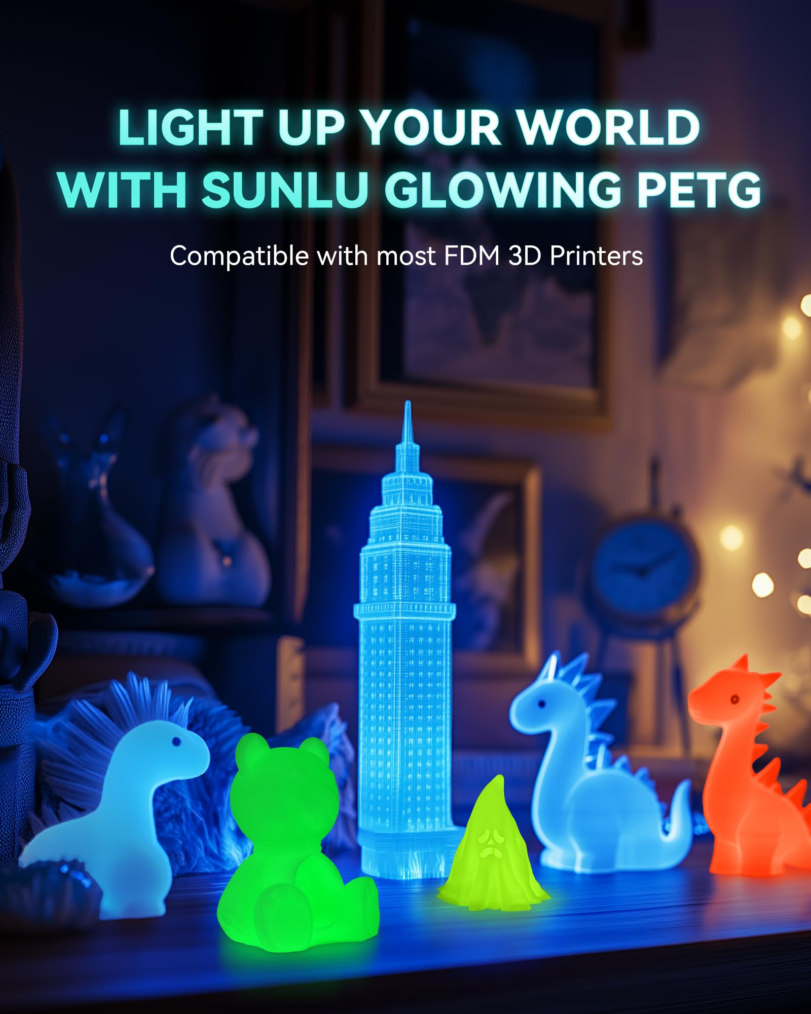 SUNLU Glow PETG Filament Bundle, Glow in the Dark filament do drukarki 3D, żarnik o wysokiej wytrzymałości 1,75 mm, 250 g na szpulę, 8 rolek, (petg czarno-biały z 6 cewkami w kolorze niebieskim