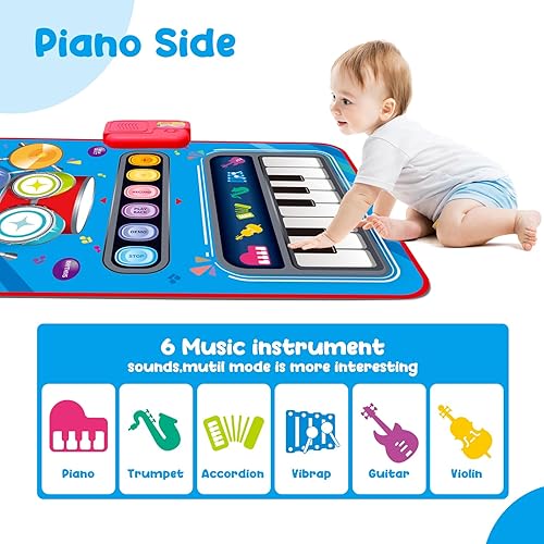 Miniatura 4 de UNIWA Juguetes para bebés para niños pequeños, tapete musical 2 en 1 para niños y niñas, teclado de piano y alfombrilla de batería con 2 varillas,