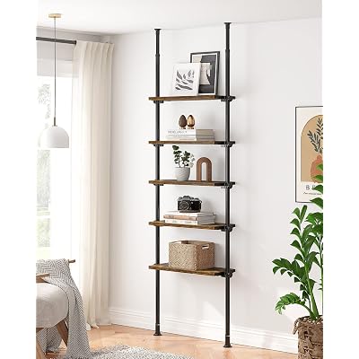 ALLZONE Adjustable Tall Narrow Bookshelf, 5-Tier Floor-to-Ceiling Tension Mount Ladder Book Shelf with Storage for Versatile Uses, Fits 92-116 Inch Ceilings, 27.84-Inch Wide Wood Shelves, Rustic Brown