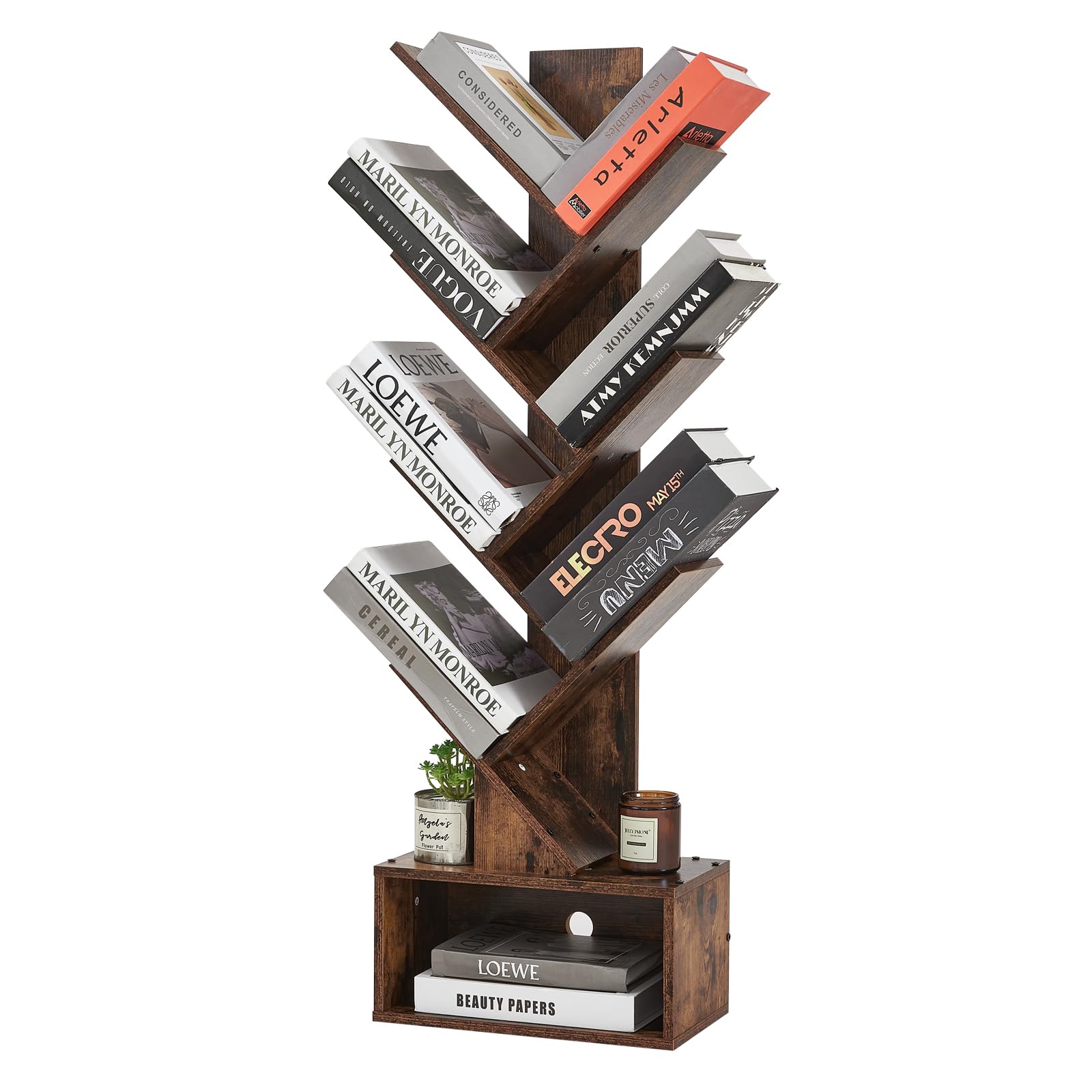 BRIAN & DANY Tree Bookshelf, 6-Tier Book Shelf, Wooden Bookshelves Storage Organizer Shelves for Living Room, Bedroom, Office, Rustic Brown