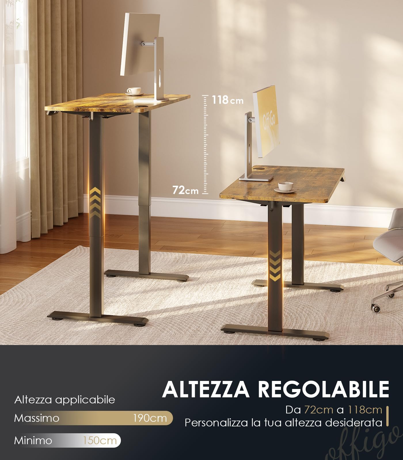 OffiGo Scrivania Regolabile in Altezza, 100 cm Scrivania Elettrica, Scrivania Ergonomica con Funzione di Memoria, Standing Desk, Modern Scrivania Computer per Casa e Ufficio, Marrone