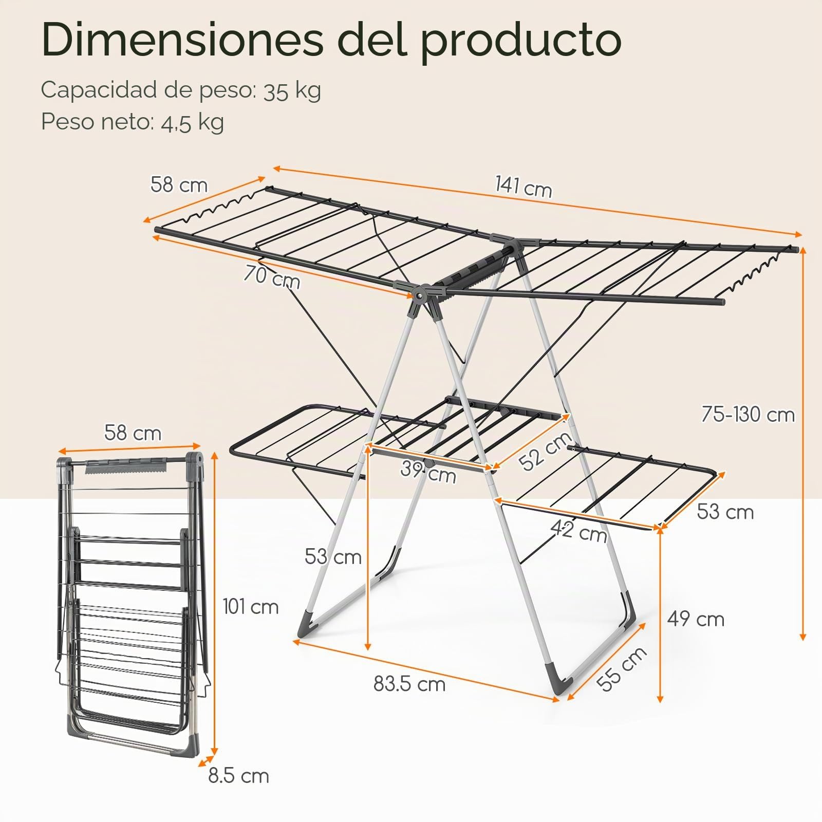 GIANTEX Tendedero Plegable de 2 Niveles, Secador de Ropa con Alas Ajustables en Altura (75-130 cm), 33 Barras, Clip Útiles, Marco de Acero en Forma de A, Tendedero Ahorra Espacio