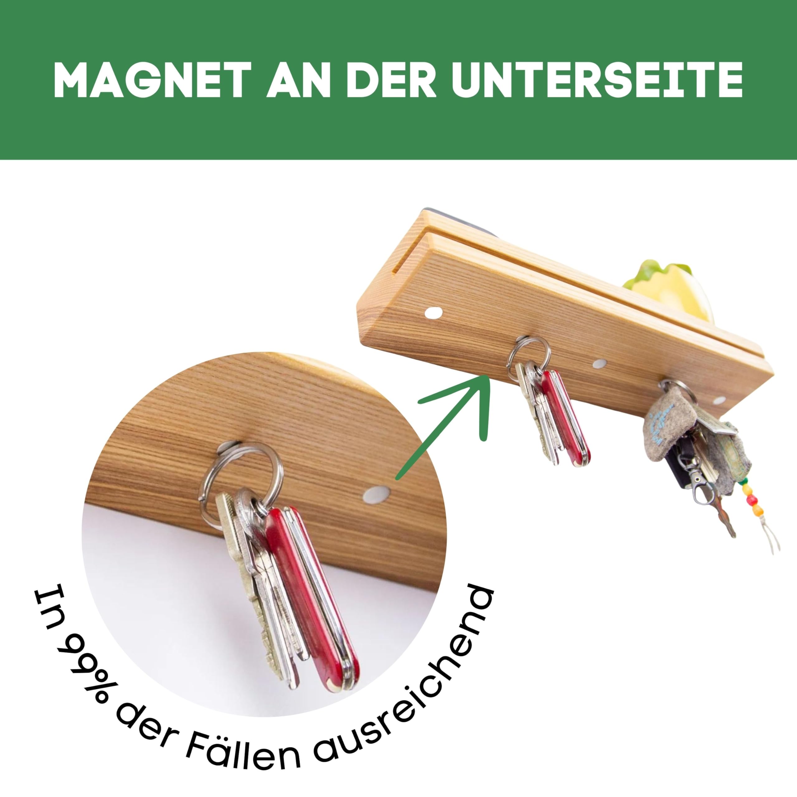 Woodkopf® - Eichenholz Schlüsselbrett - Schlüsselablage Magnetisch - praktische Schlüsselwand mit Ablage - Schlüssel Organizer - Minimalistische Schlüsselleiste - Design Schlüsselhalterung