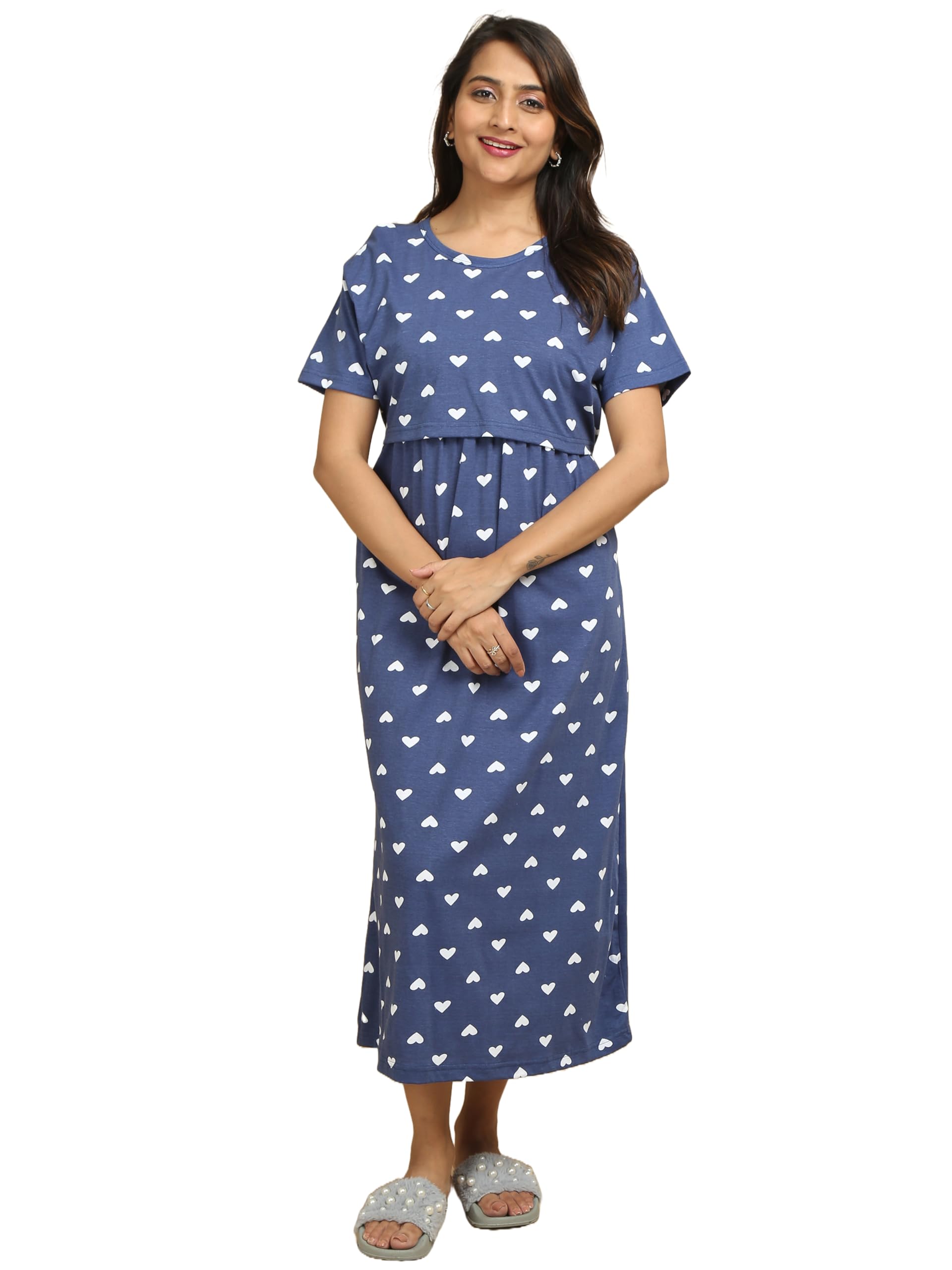 Mayaval Womens Blue Cotton Maternity Nursing Dress with White Heart Print-image-2