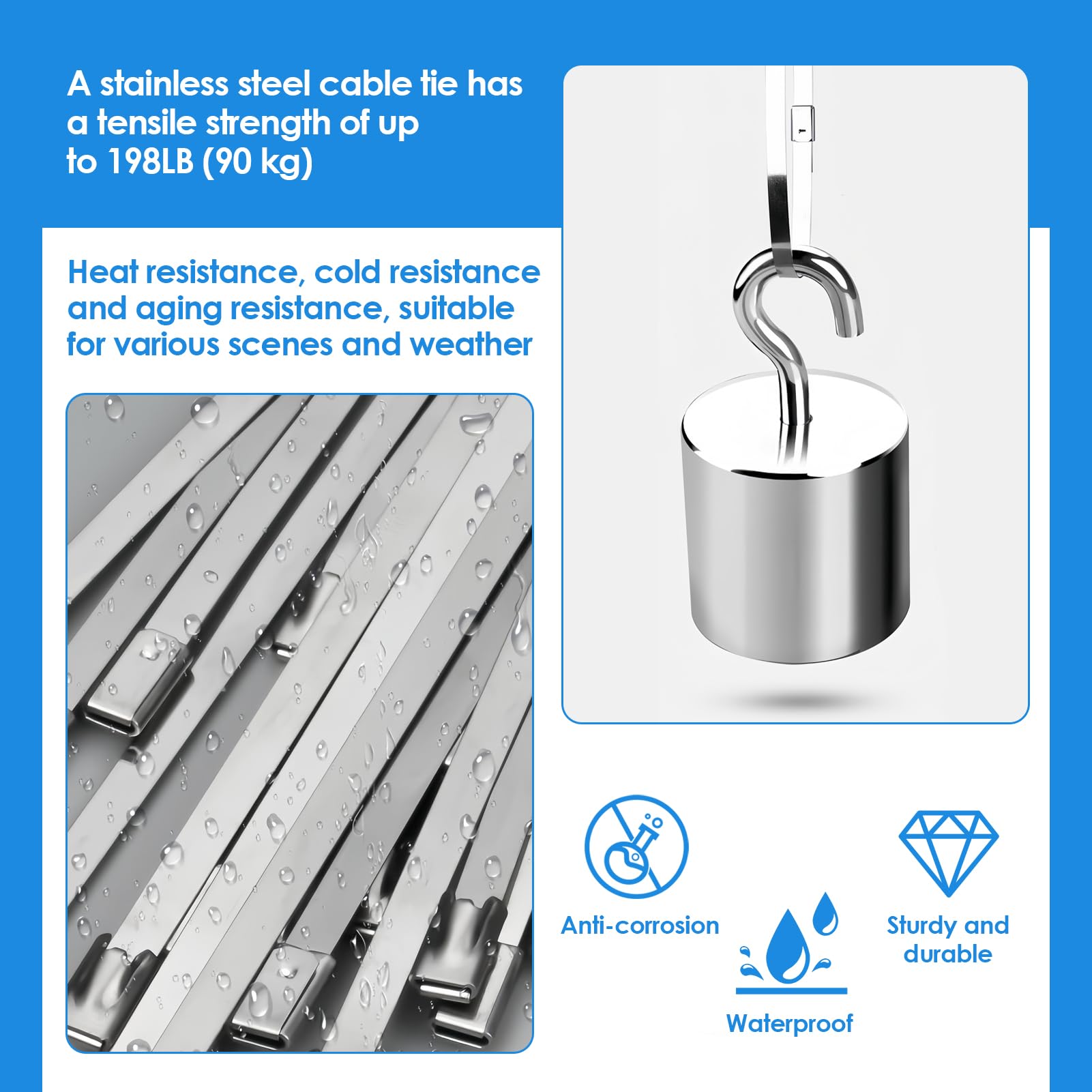 100PCS Chain Link Fence Ties, Metal Cable Ties, 304 Stainless Steel Zip Ties 4.6×200mm, for Fixed Fences Wire Fence Rolls - Image 3