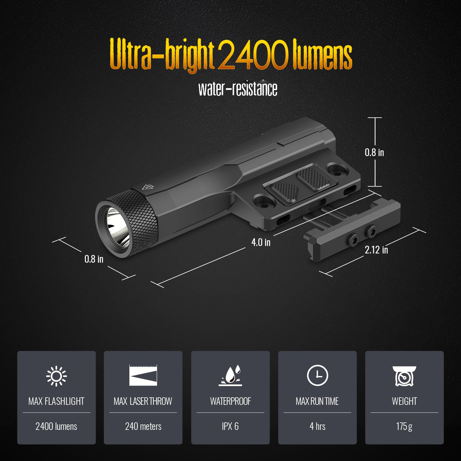 DEFENTAC 2400 lm Aluminium-Taschenlampe ist kompatibel mit Picatinny/Mlok-Schiene für Gewehr, wiederaufladbares Waffenlicht mit Stroboskop/Momentan, mit Druckpolsterschalter