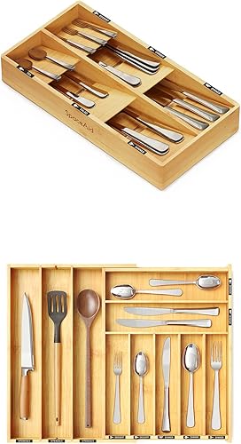 SpaceAid Organizador de cajones de cubiertos de bambú con etiquetas (natural, 6 ranuras) y organizador de utensilios (natural, 10 ranuras)