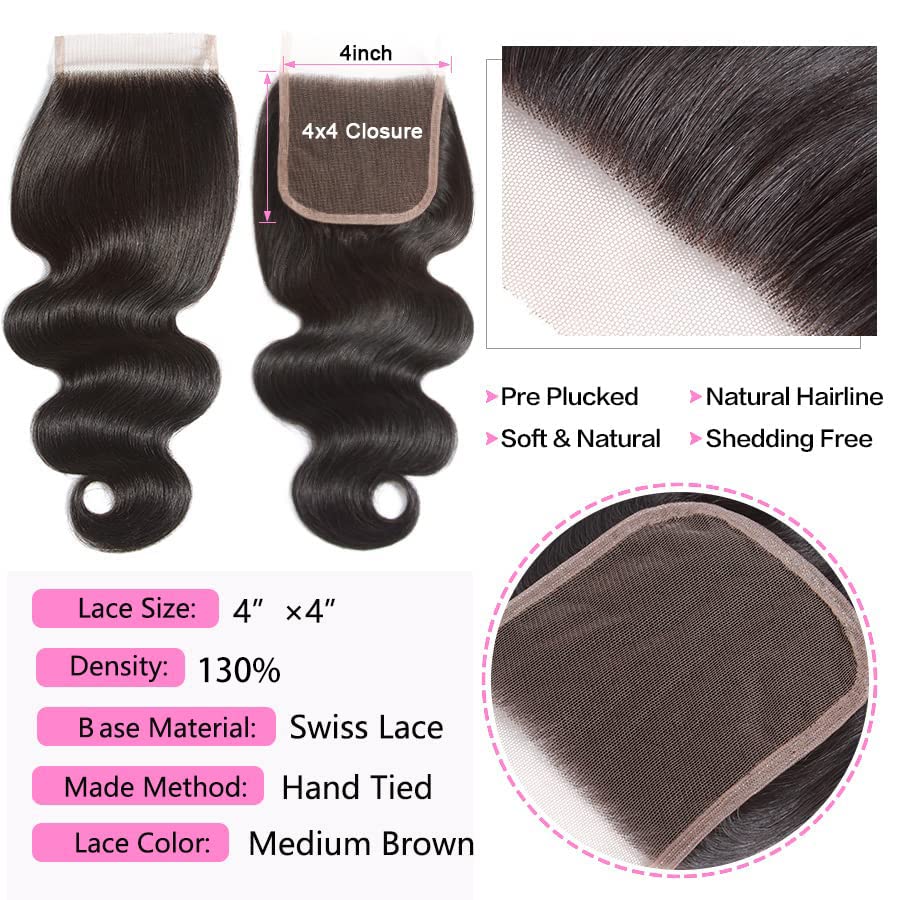 Miniatura 4 de Cierre de cabello humano ondulado con parte libre 4 × 4, cierre de encaje transparente suizo 100% sin procesar, cabello humano brasileño ondulado,