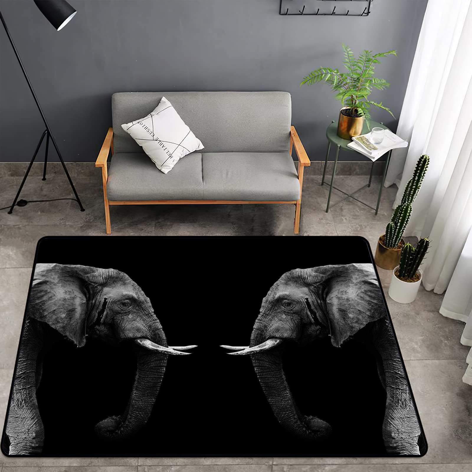 Washable Area Sponge Rug Mat for Kids Girls Bedroom Living Room African Elephant, Wild Animal Black Background Elephant Non-Slip Carpet Super Soft Extra Thick Bathroom Home Indoor Small Floor Rugs