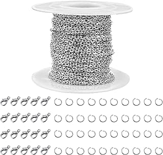 Cadenas de joyería de acero inoxidable de 33 pies para fabricación de joyas, rollo de cadena de plata con 40 anillos abiertos y 20 cierres de langosta, cadenas de cable de eslabones de plata,