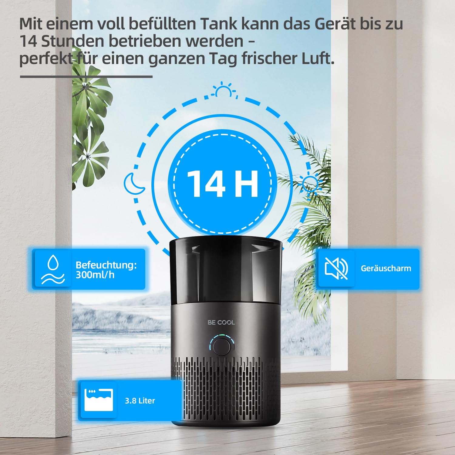 Be Cool Humidificador – aire caliente y frío – 7 niveles de humedad ajustables/rotación de 360 ° – 12 horas de tiempo de funcionamiento, silencioso, depósito de 5 litros/negro