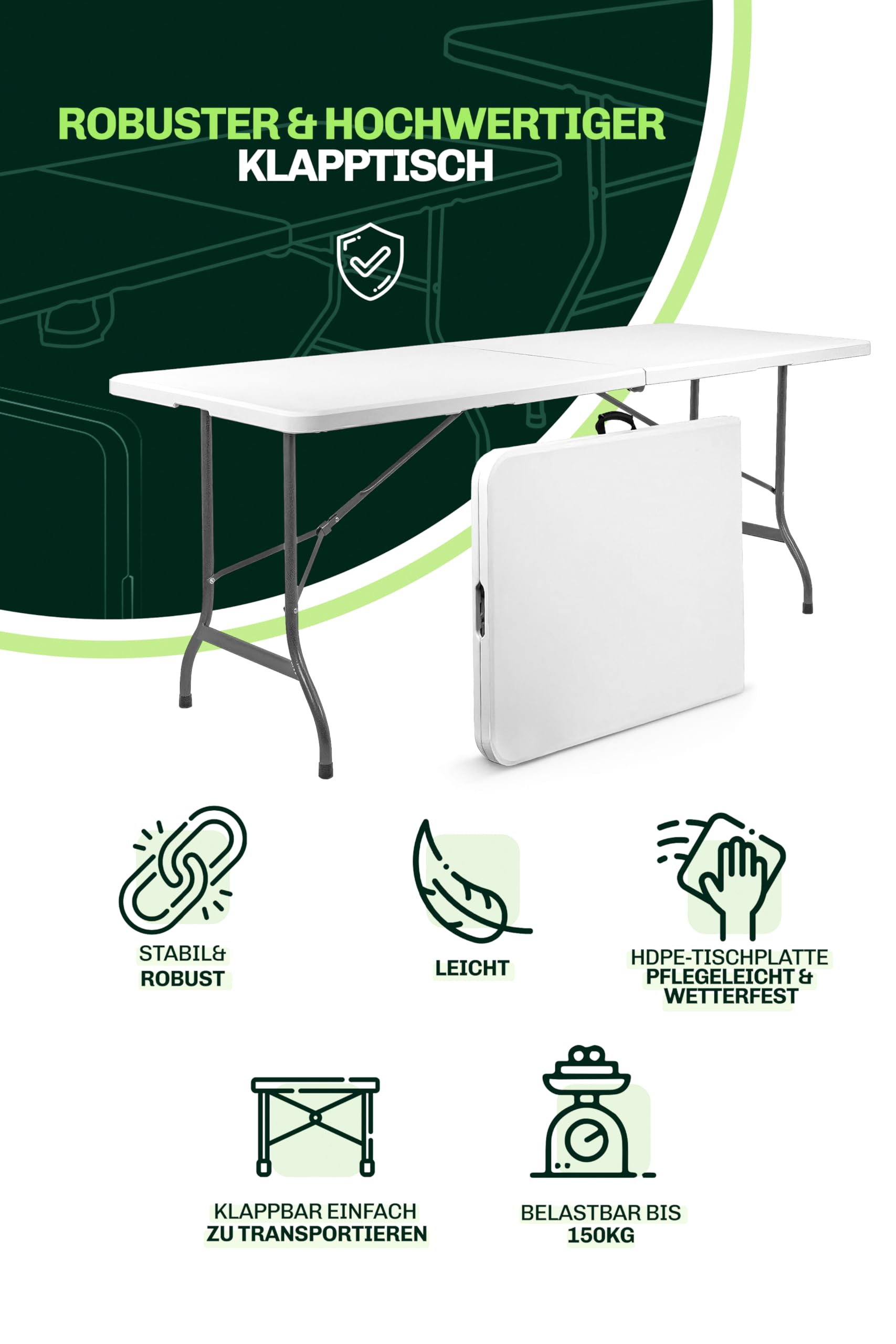Blumixx Campingtisch klappbar 180x74x74 - Leichter Klapptisch mit Tragegriff, Gartentisch wetterfest, Buffettisch faltbar für Camping, Garten, Balkon, Festival & Outdoor - Wetterfest, Stabil & Leicht