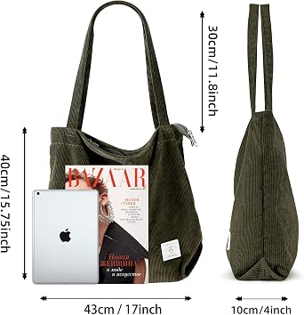KALIDI Women Corduroy Tote Bag Zipper Casual Tote's Handbag Big Capacity Shoulder Bag with Pockets