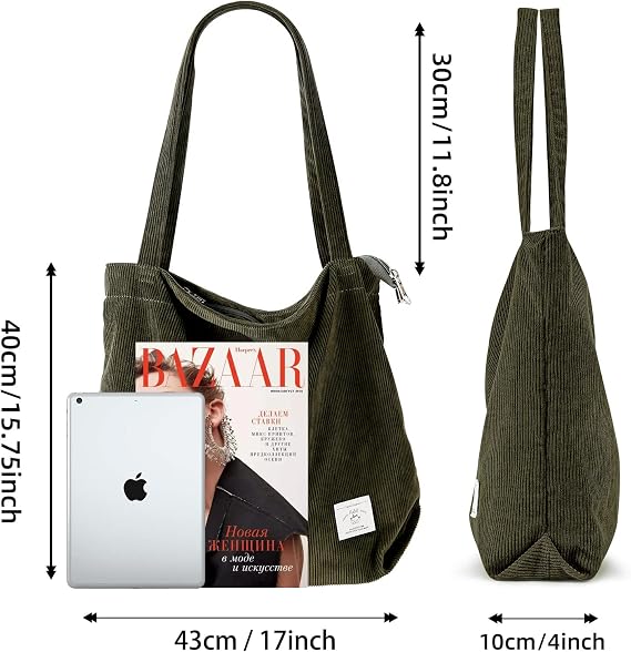KALIDI Women Corduroy Tote Bag Zipper Casual Tote's Handbag Big Capacity Shoulder Bag with Pockets