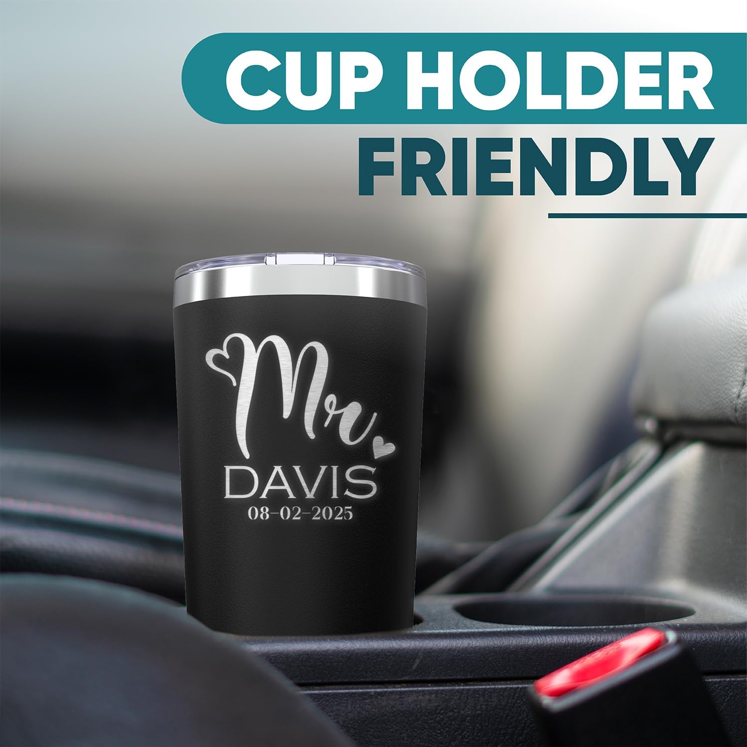 Set of 2 Custom Mr. Mrs. Last Name and Date Engraved Insulated Stainless Steel Tumbler with Lid 20 oz. Couples Gift (Black, White)