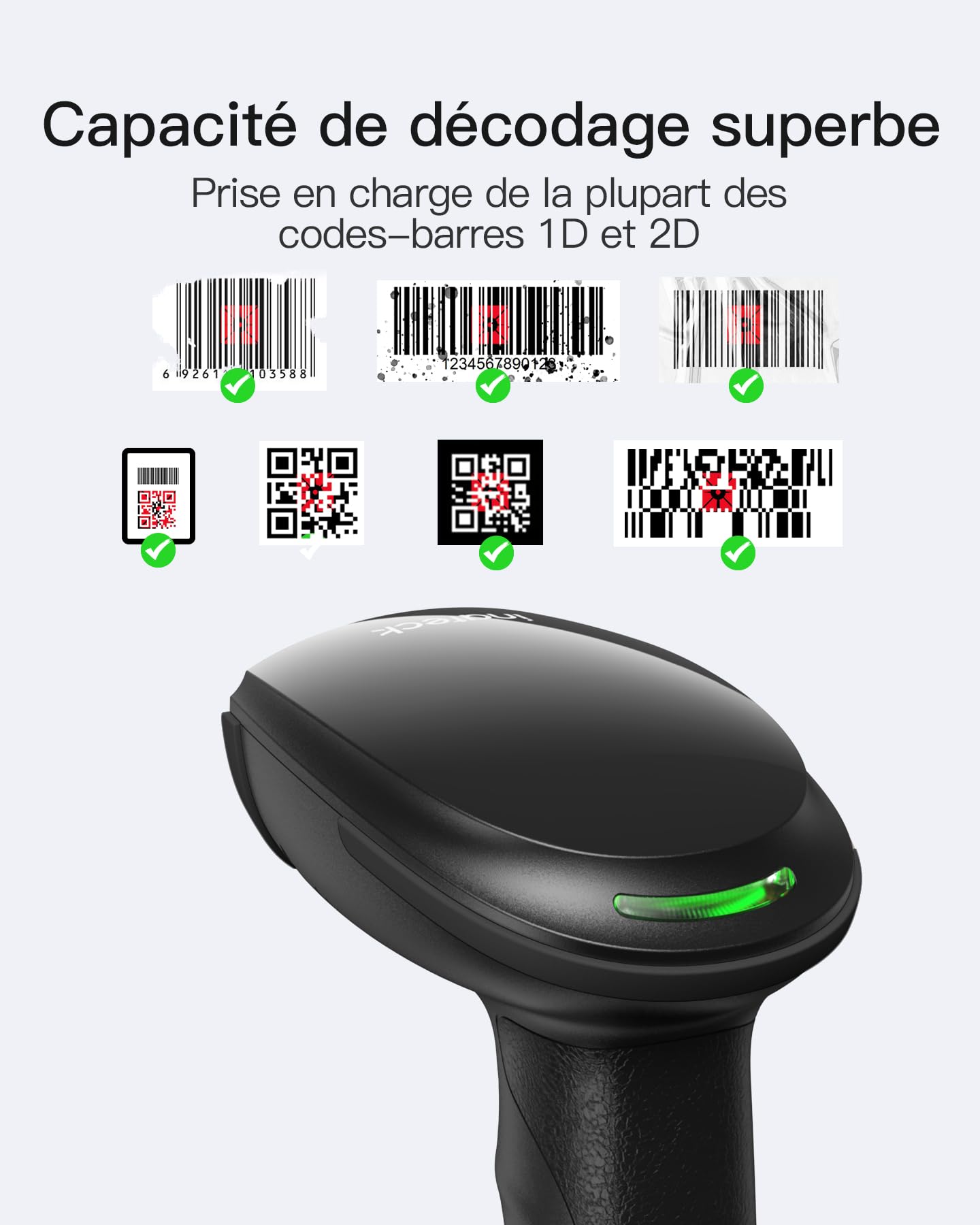 Inateck Scanner Code Barre Bluetooth, Lecteur Code Barre sans Fil Portable, 1 Charge 3 Mois, Douchette Code Barre 1D 2D QR Code avec APP et SDK, BCST-23, Foncé