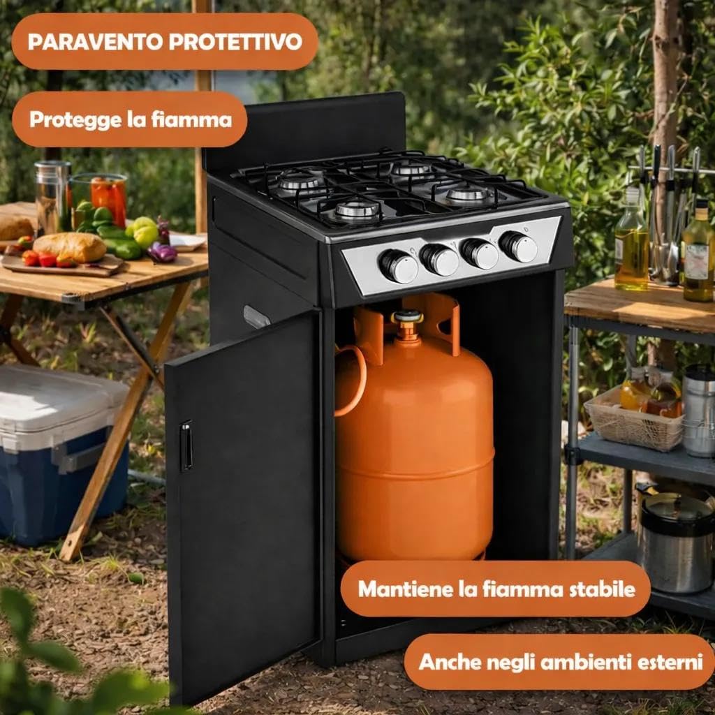 CUCINA A GAS 4 FUOCHI - FORNELLO A GAS 4 FUOCHI CON VANO PORTABOMBOLA | NERO