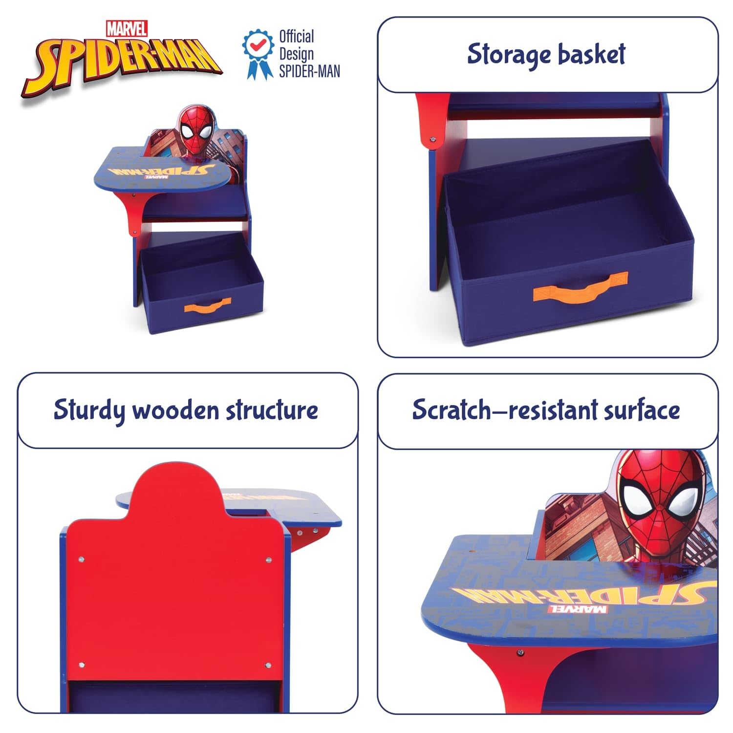 ARDITEX - Silla-Pupitre Infantil de Madera con contenedor Textil de Spiderman de Marvel - 62x30x60cm - Color Azul - Ideal para Manualidades, estudiar o Jugar.