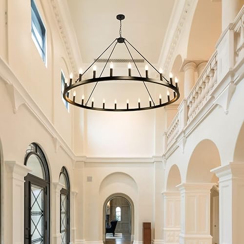 Miniatura 7 de Sdorens Candelabro de Rueda de Carreta Negro de 24 Luces, Candelabros Grandes de 54 Pulgadas para Techos Altos, Lámpara de Comedor Estilo Granja,