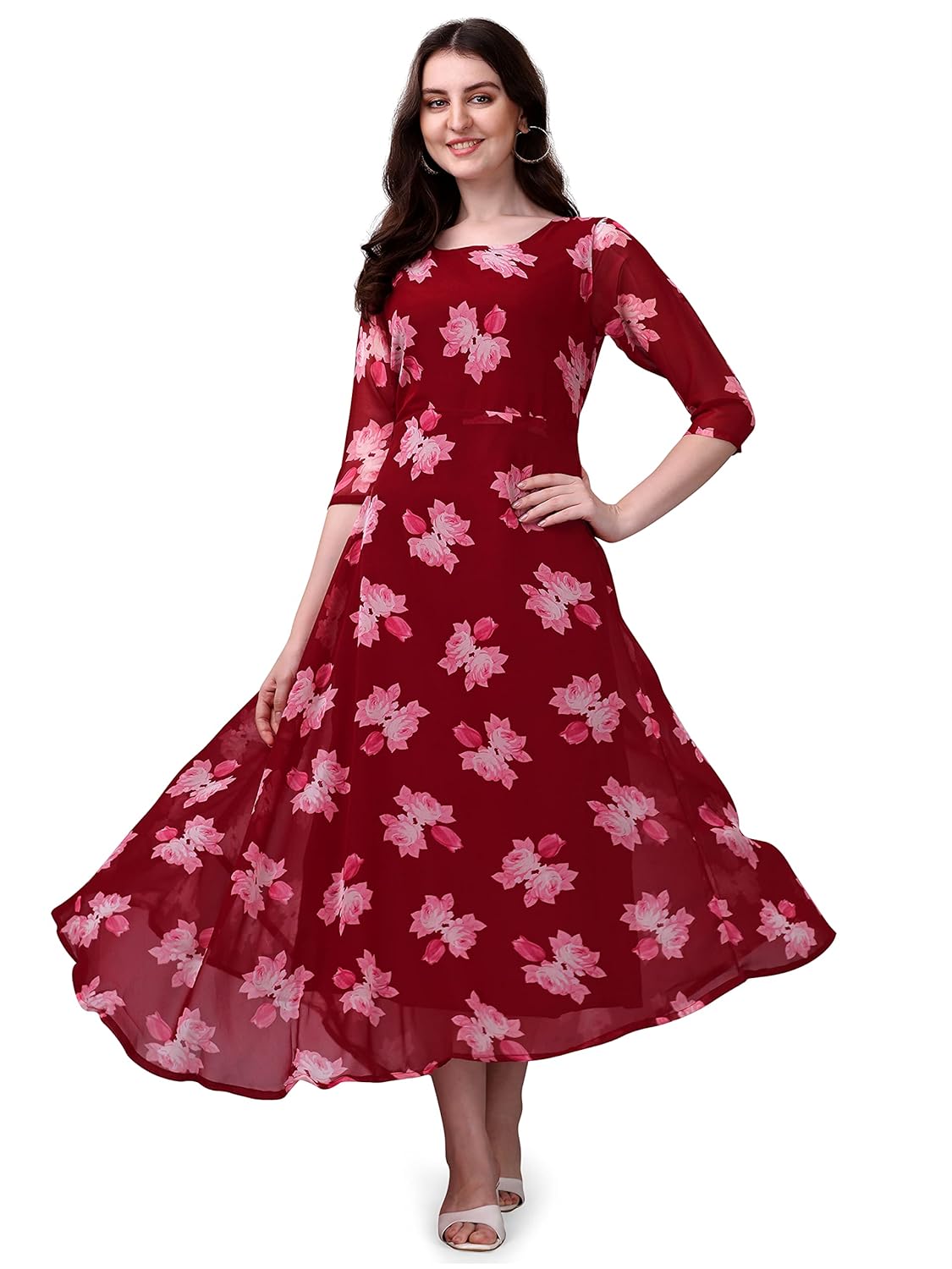 Women’s Georgette Digital Floral Printed Fit & Flare Long Gown Dress – Casual & Elegant Style