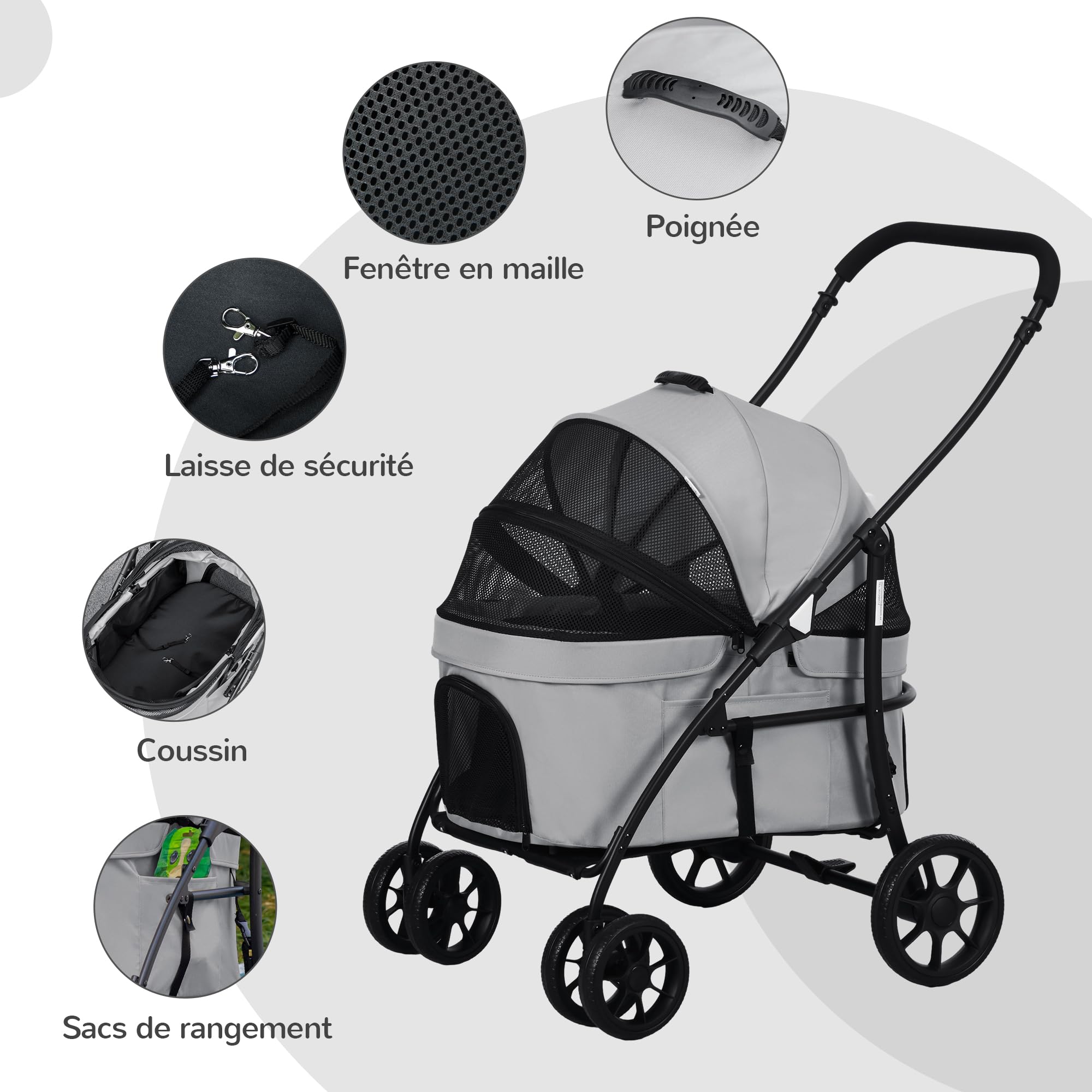PawHut Poussette pour chien et chat 2 en 1 pliante chariot pour chat chiots avec nacelle amovible, coussin, laisse de sécurité, jusqu'à 10 kg, acier 81 x 68 x 98,5 cm, gris