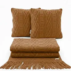 Manta Tricot Sofa Decorativa 150x90cm +2 Capas Almofada A03 (COGNAC)