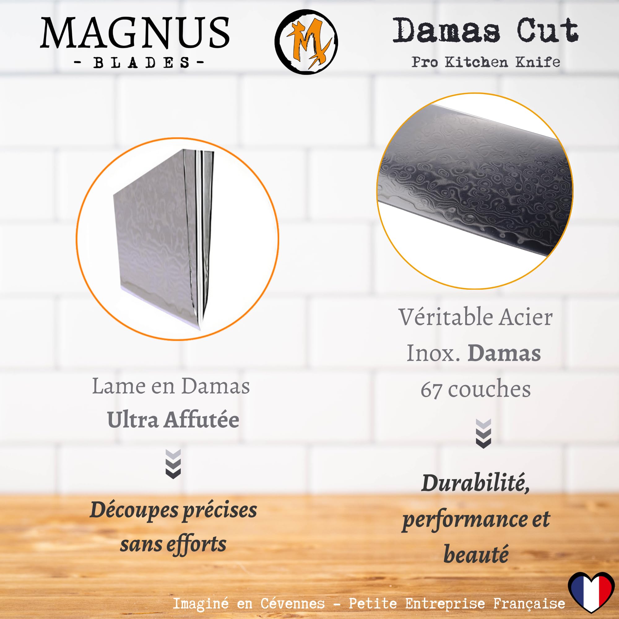 DAMAS CUT - Couteau de Chef Santoku - Véritable Lame Damas 18 cm Ultra Tranchante - Manche bois recyclé - Soie Pleine - Très Confortable - Polyvalent - Avec Etui De Protection - Enfin Un Cadeau Utile