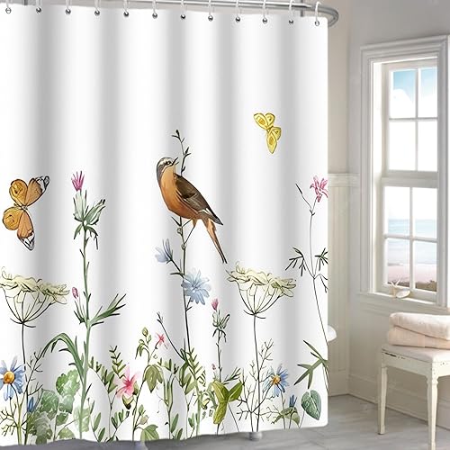 Vista 13 de Yeele Cortina de ducha de paisaje natural, árboles verdes, bosque, cortinas de baño, primavera, amanecer, selva, paisaje, impermeable, decoración