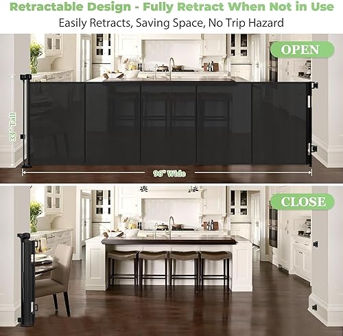 Miniatura 3 de Puerta retráctil reforzada de 96 pulgadas de ancho con varillas de apoyo, puerta retráctil extra larga para perros, puertas exteriores para