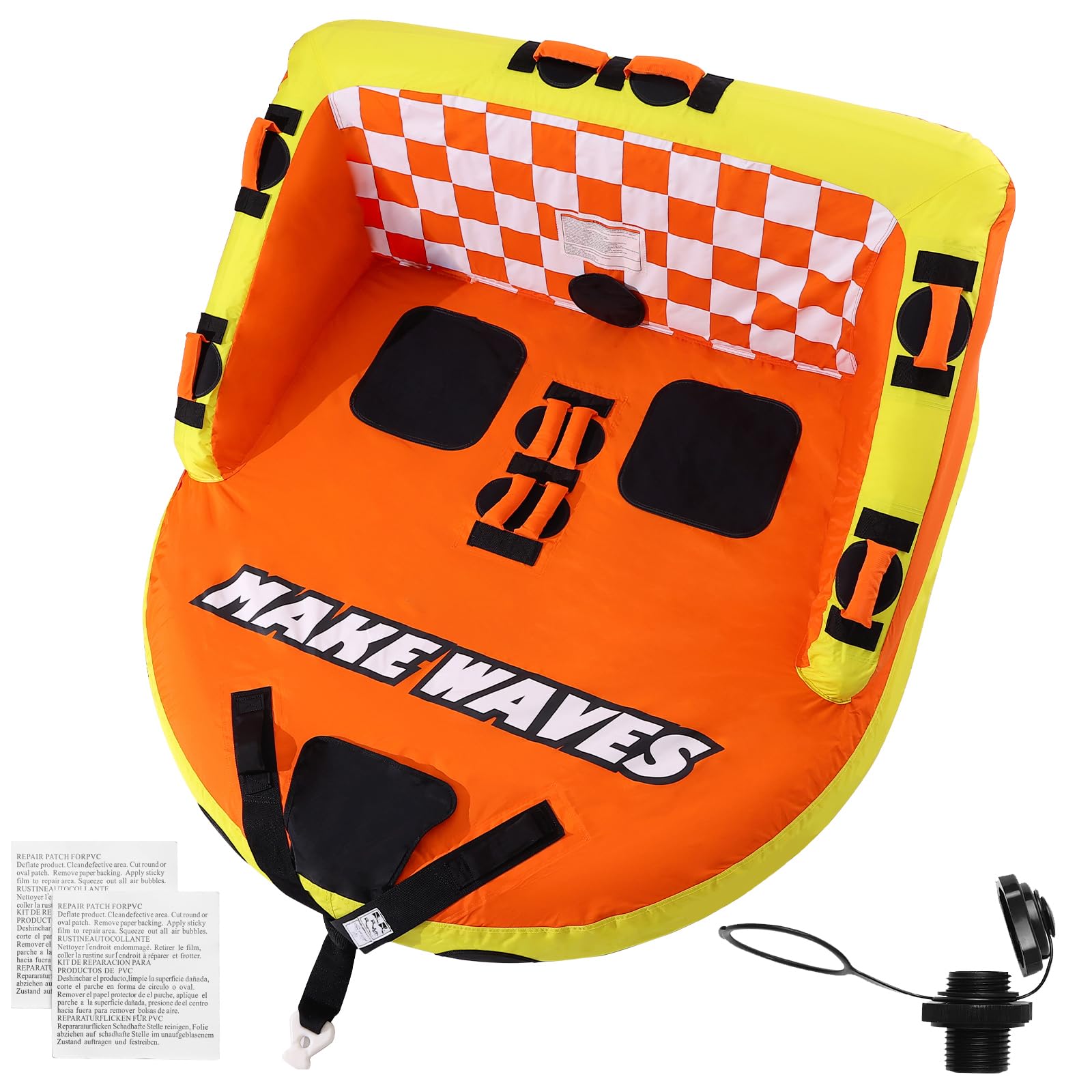 Happybuy Towable Tube for Boating, 1-2 Riders Inflatable Water Sport Tube, 340 lbs Capacity with Deck Seats, Backrest, Nylon Cover, EVA Handles, Speed Safety Valve