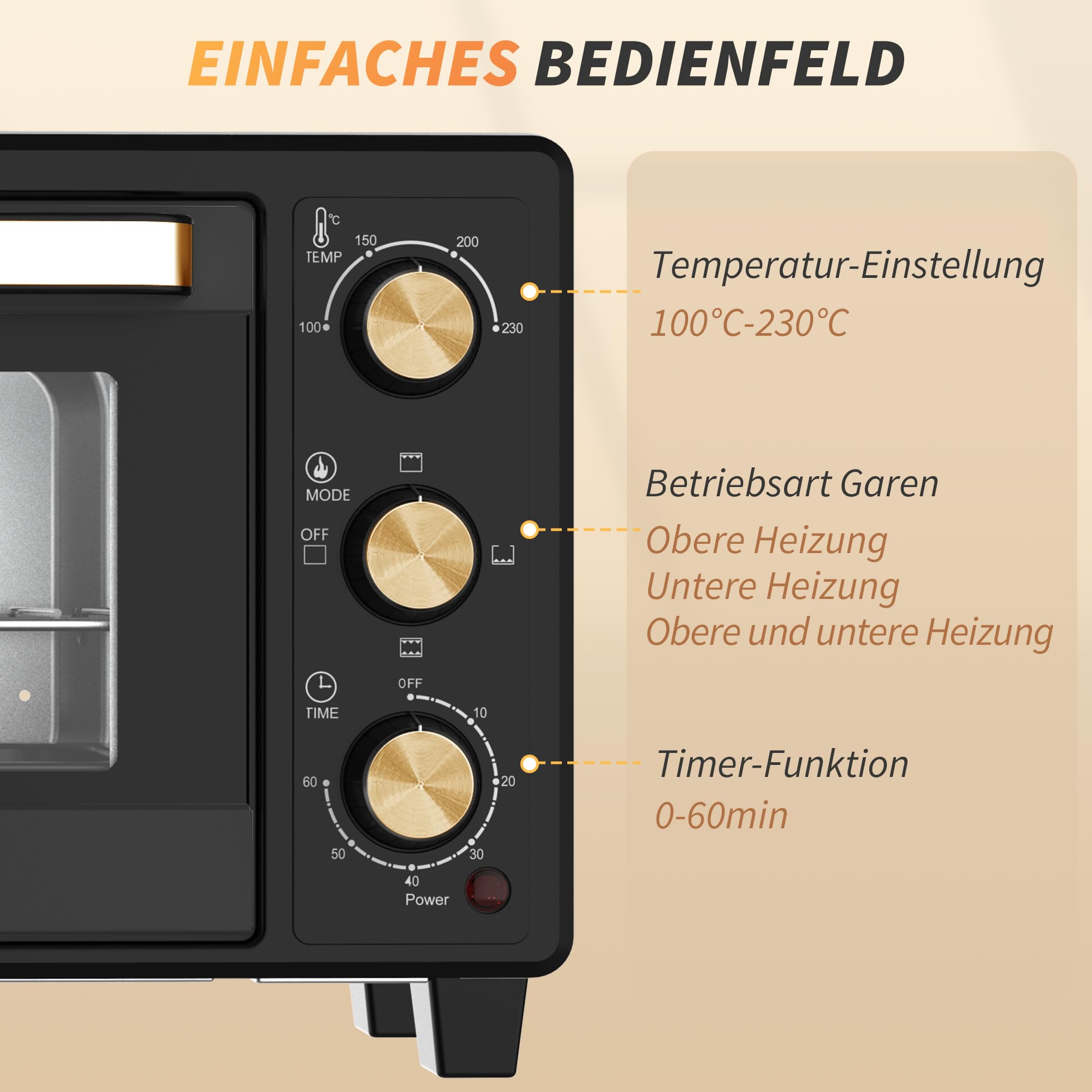 HOMCOM Mini piekarnik 16 l, 1400 W, 100-230℃, timer 60 min, w zestawie blacha do pieczenia i ruszt do grillowania, mini piekarnik z uchwytem tacy, czarny