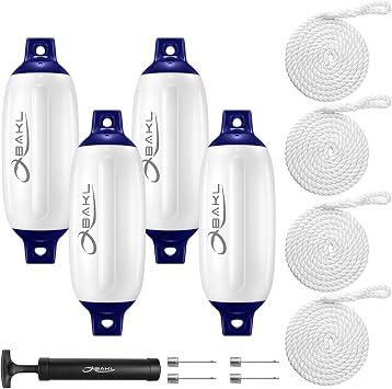 Boat Fenders 4 Pack 4.5 x 16 Inches Ribbed Twin Eyes Boat Fenders Bumpers for Docking, with Ropes and Pump to Inflate