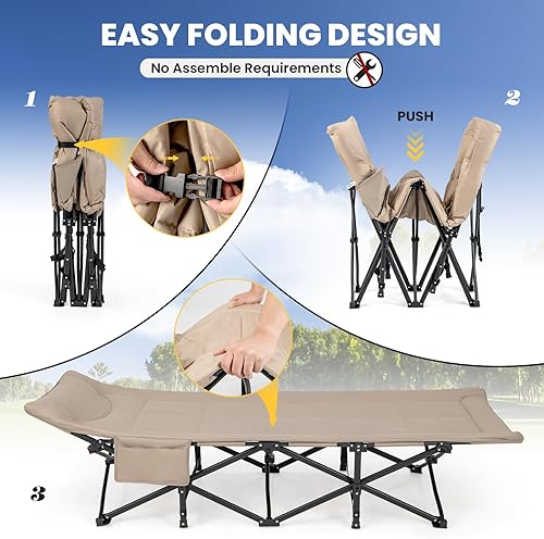 Miniatura 5 de Giantex Catre plegable de camping para adultos  Cuna de dormir con bolsa de transporte, cojín y reposacabezas, 10 pies, almohadilla de doble capa,