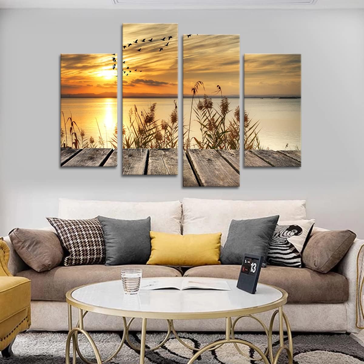 Noah Art-Rustic Seascape Wall Art Canvas Prints, Dawn on the Lake Shore Landscapes Pictures Sunset Artwork Ocean Art Print on Canvas, 4 Piece Stretched Canvas Wall Decor for Living Room