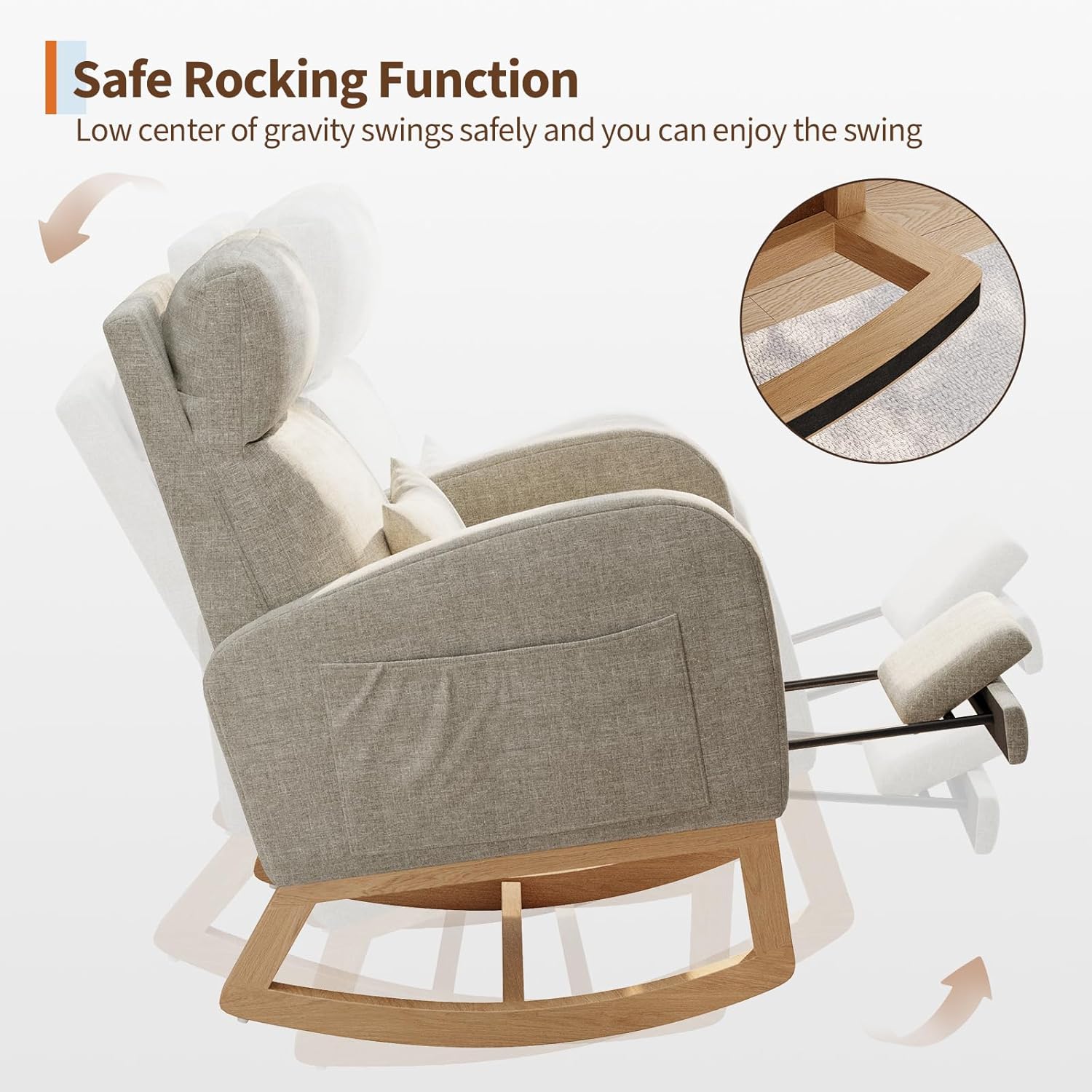 GarveeHome Linen Rocking Chair with Footrest, Modern Nursery Glider Chair with Side Pockets and Pillow, Rocker Chair for Living Room Bedroom Nursing Room, Grey